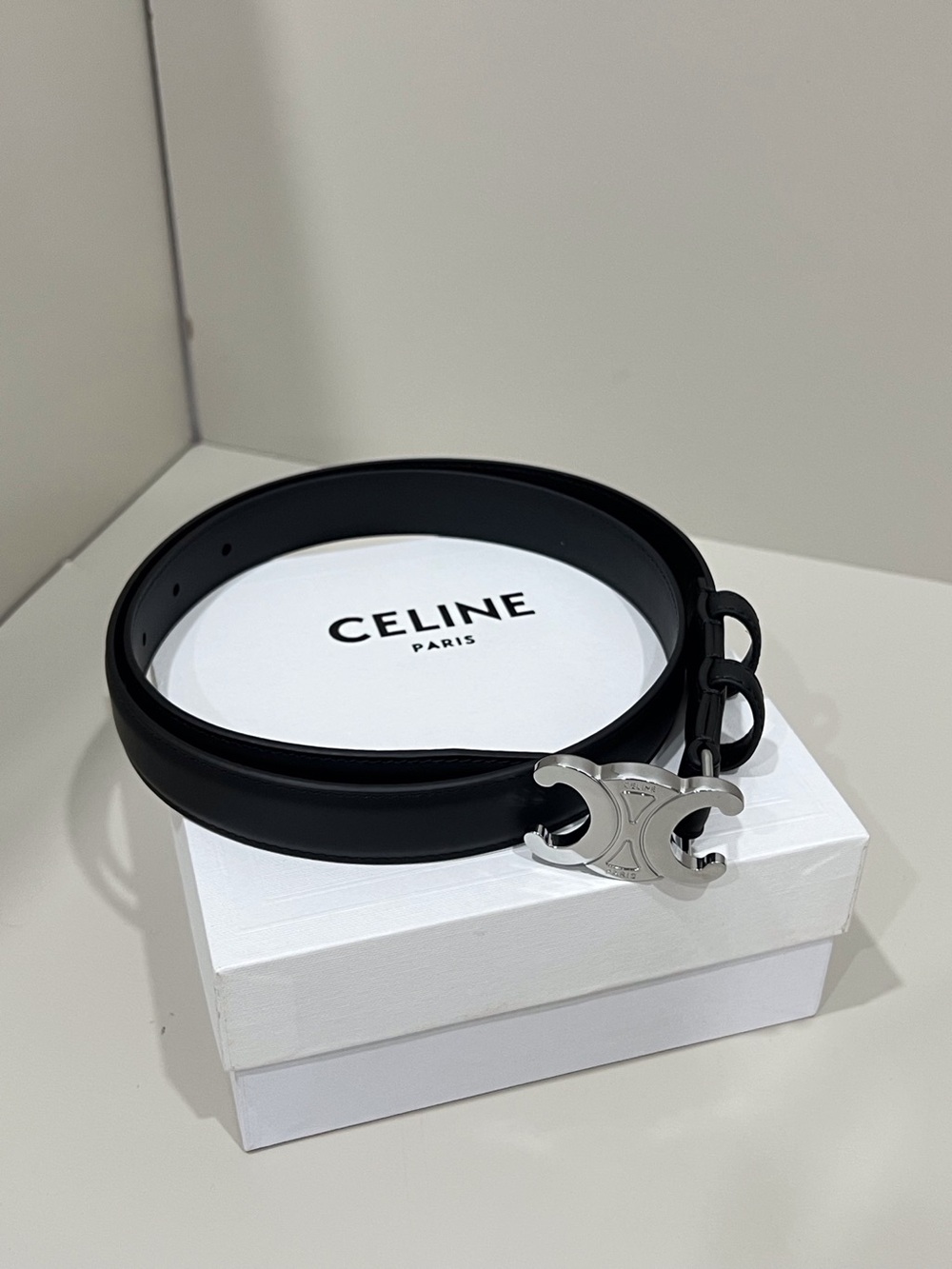 CELINE Black Leather Triomphe Buckle Belt